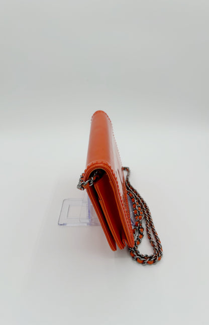 Chanel CC Logo Patent Leather Orange Wallet on a Chain with Silver Hardware