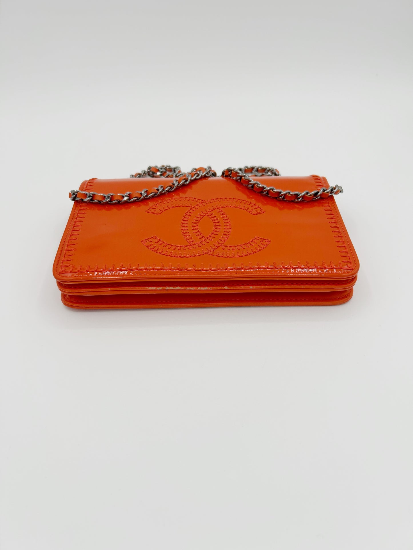 Chanel CC Logo Patent Leather Orange Wallet on a Chain with Silver Hardware