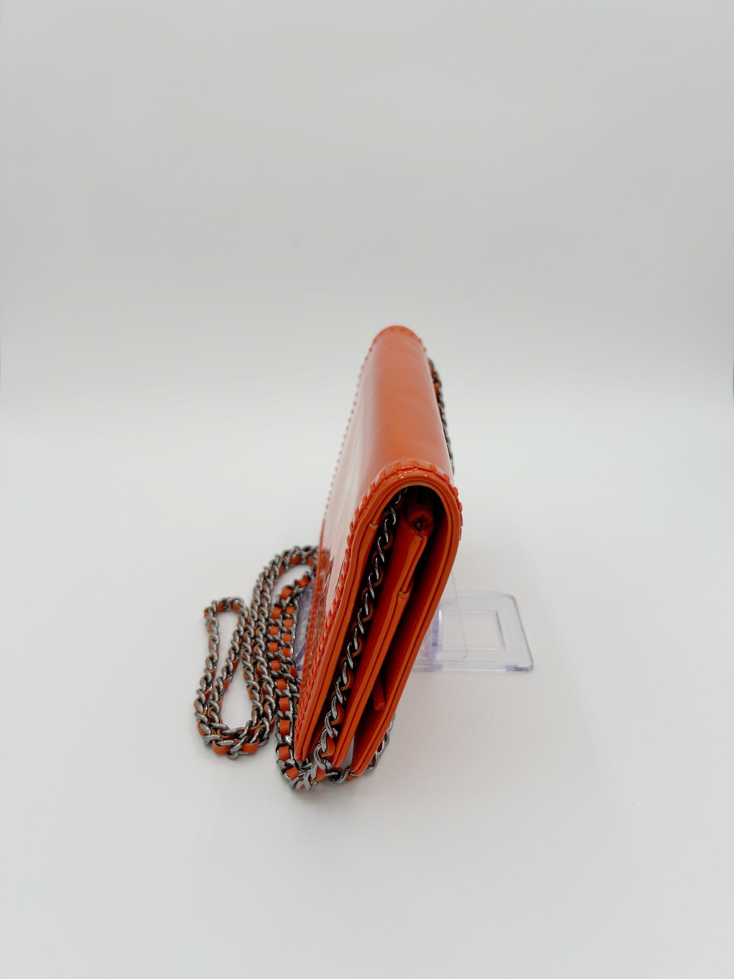 Chanel CC Logo Patent Leather Orange Wallet on a Chain with Silver Hardware