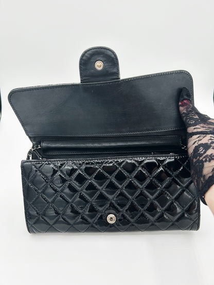 Chanel Patent Leather Black Calfskin Quilted Silver Hardware Wallet on a Chain