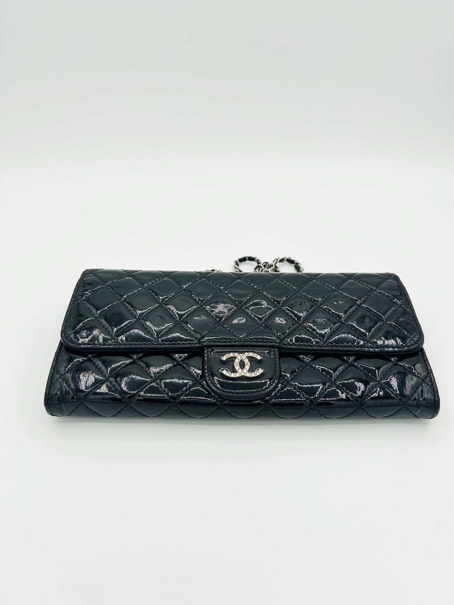 Chanel Patent Leather Black Calfskin Quilted Silver Hardware Wallet on a Chain