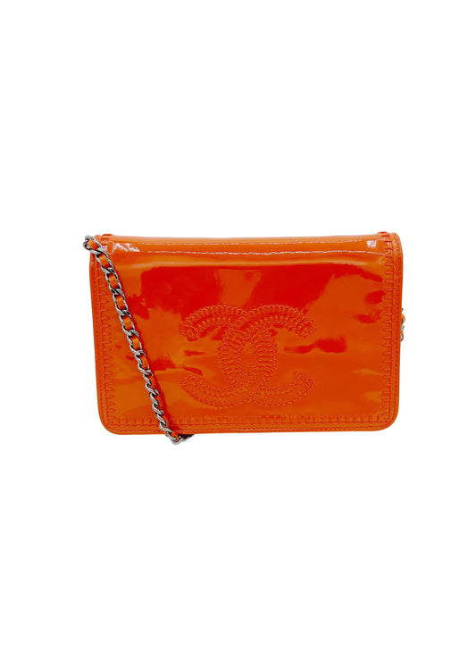 Chanel CC Logo Patent Leather Orange Wallet on a Chain with Silver Hardware