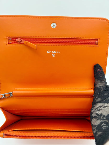 Chanel CC Logo Patent Leather Orange Wallet on a Chain with Silver Hardware