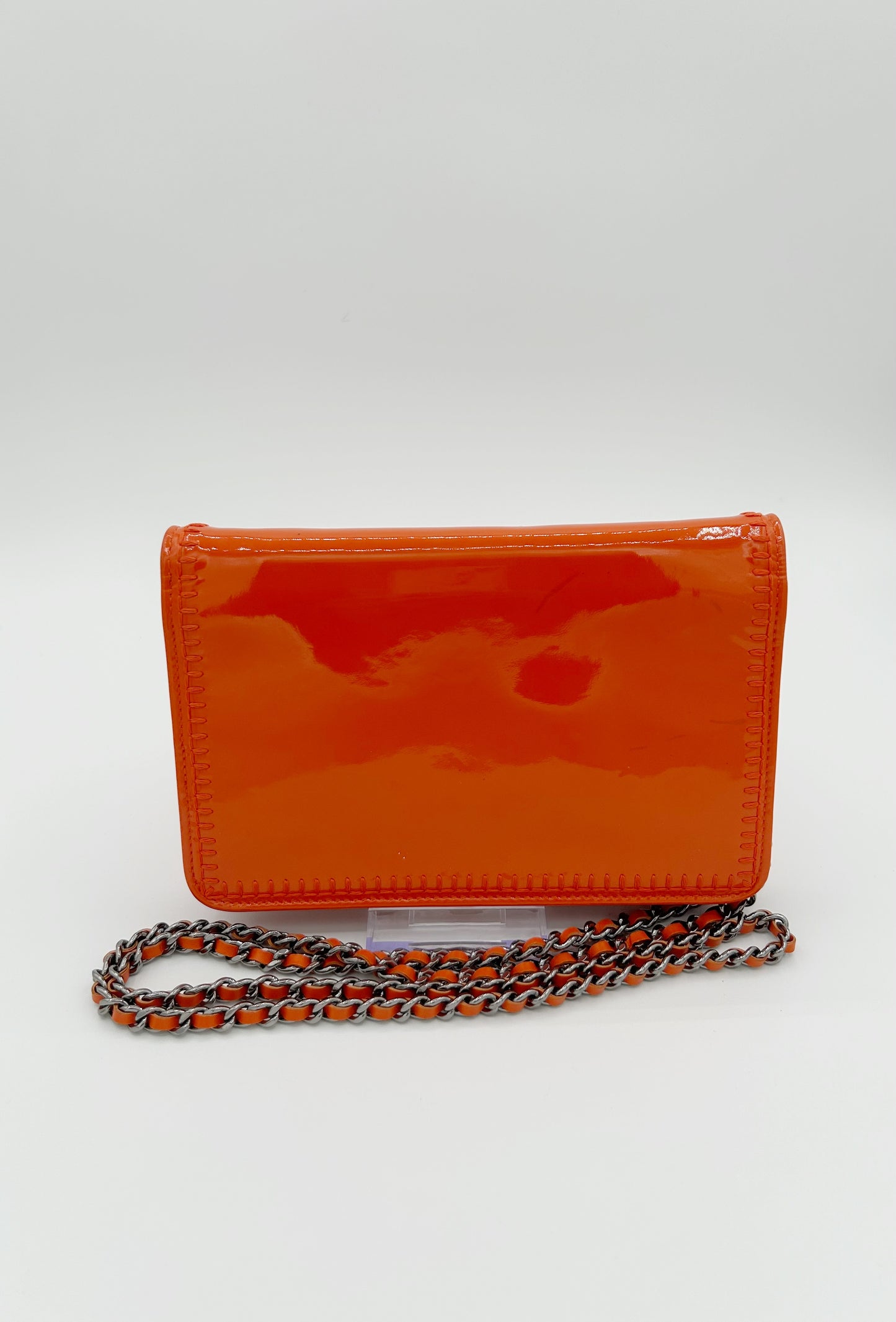 Chanel CC Logo Patent Leather Orange Wallet on a Chain with Silver Hardware