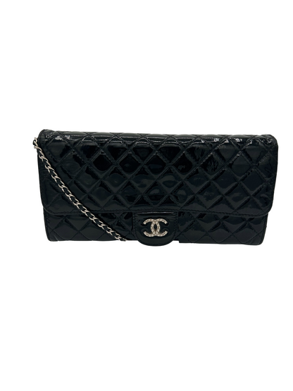 Chanel Patent Leather Black Calfskin Quilted Silver Hardware Wallet on a Chain